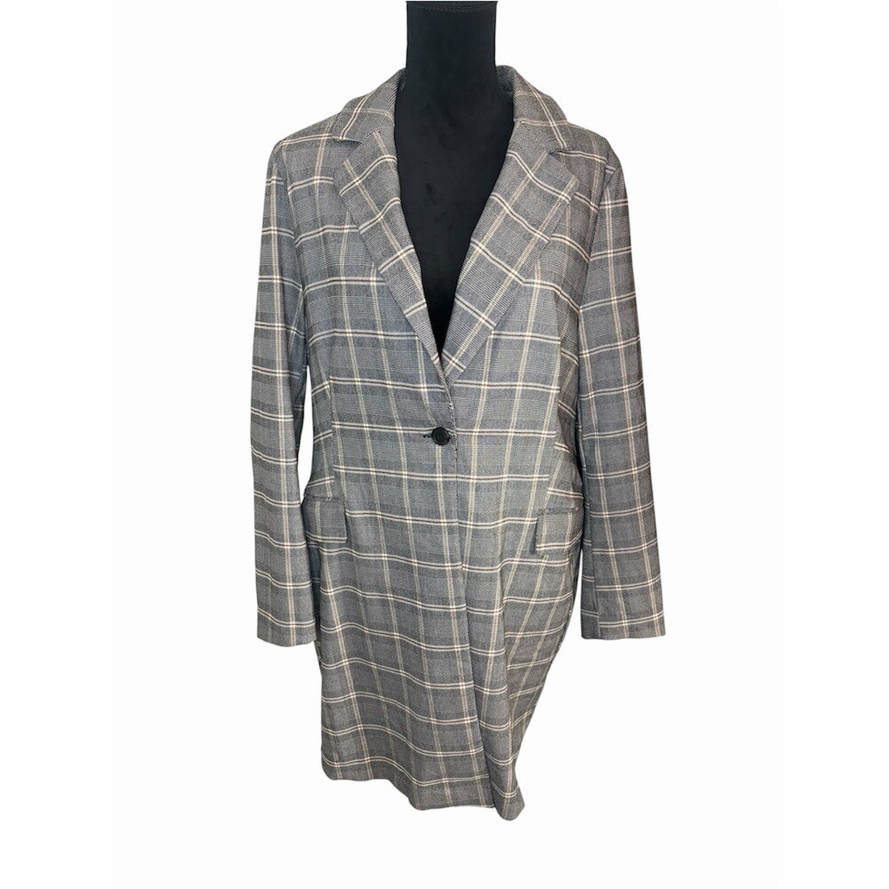 Adrianna Papell Blazer Jacket Fall Gray Plaid Longline One-Button Size XL
